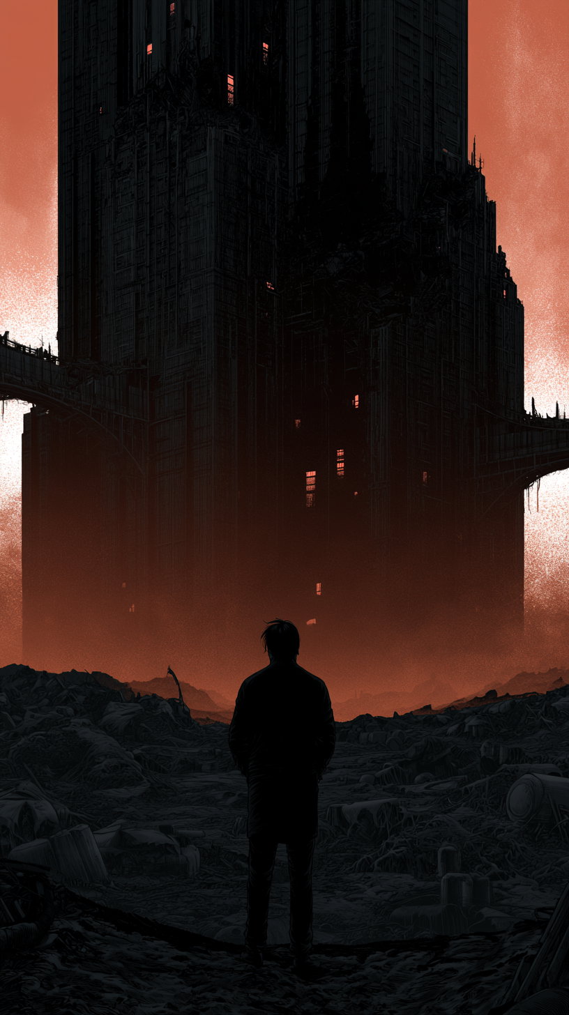 silhouette of a person standing on dark rocky terrain facing a tall dark building with glowing windows against a reddish orange sky