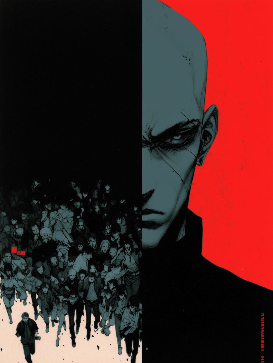 Illustration split vertically with a large, intense male face on right red and black background, and a group of darkly shaded people crowding on left white and black background