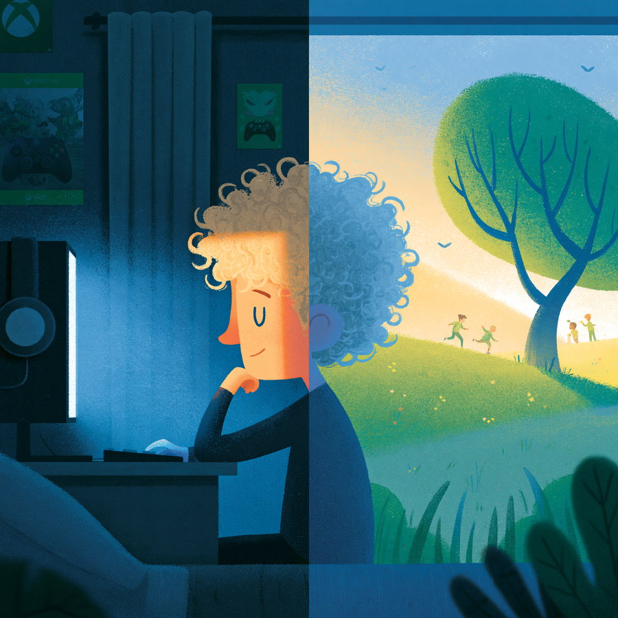 Illustration split into two halves; left shows a boy with curly hair gaming indoors at a desk in dim blue lighting; right shows a bright outdoor scene with children running on grassy hills and a tree under a sunny sky