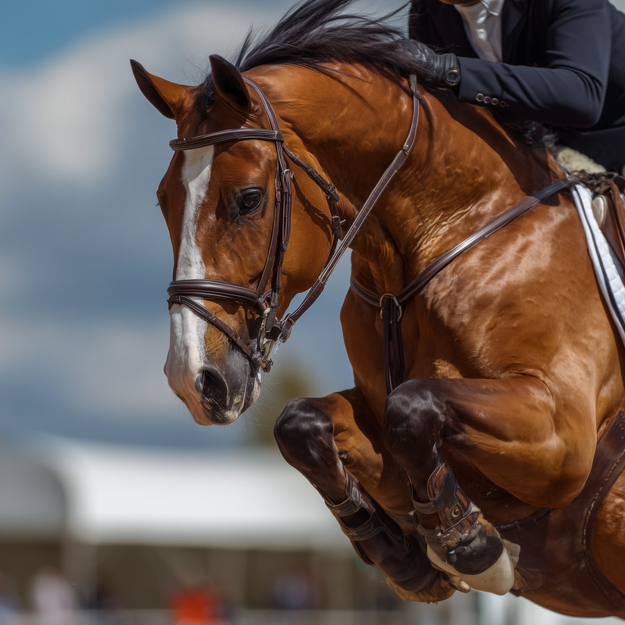 Close-up of a brown horse with a white stripe on its face jumping over an obstacle, ridden by a person wearing a black jacket and white shirt, outdoor setting with blurred background