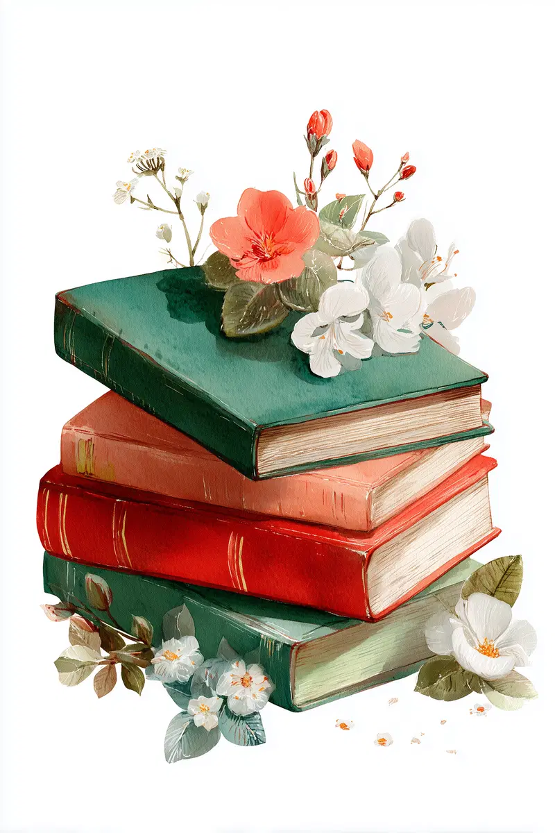 Stack of Vintage Books with Beautiful Floral Arrangements in Soft Colors