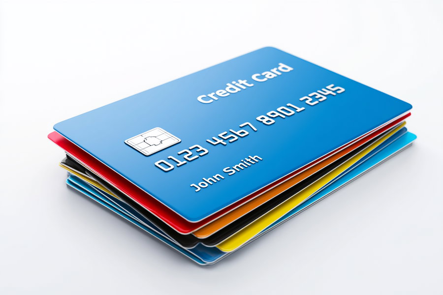 A stack of various colored credit cards with chip and embossed numbers, top card is blue with name John Smith