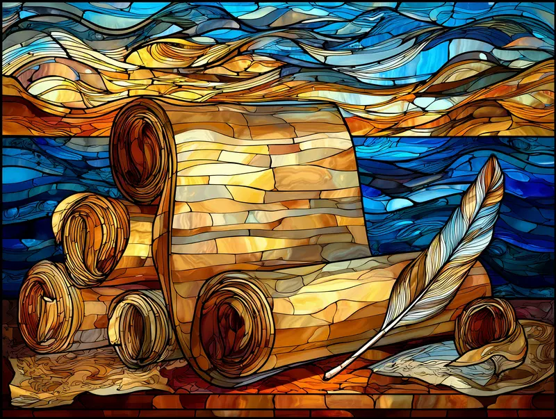 Vintage stained glass style illustration of scrolls and a quill pen