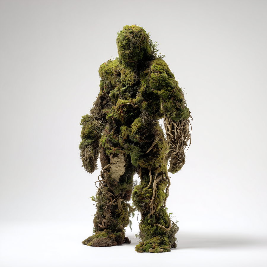 Humanoid sculpture covered with green moss, intertwined roots and some exposed soil against a plain white background
