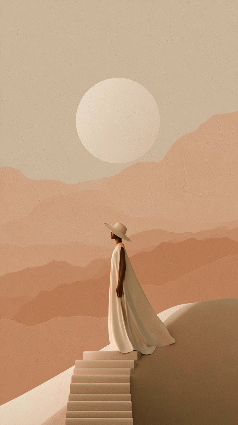 Abstract digital artwork showing a woman in a beige dress and wide-brimmed hat standing on stairs with layered beige and brown hills and a large textured sun in the background