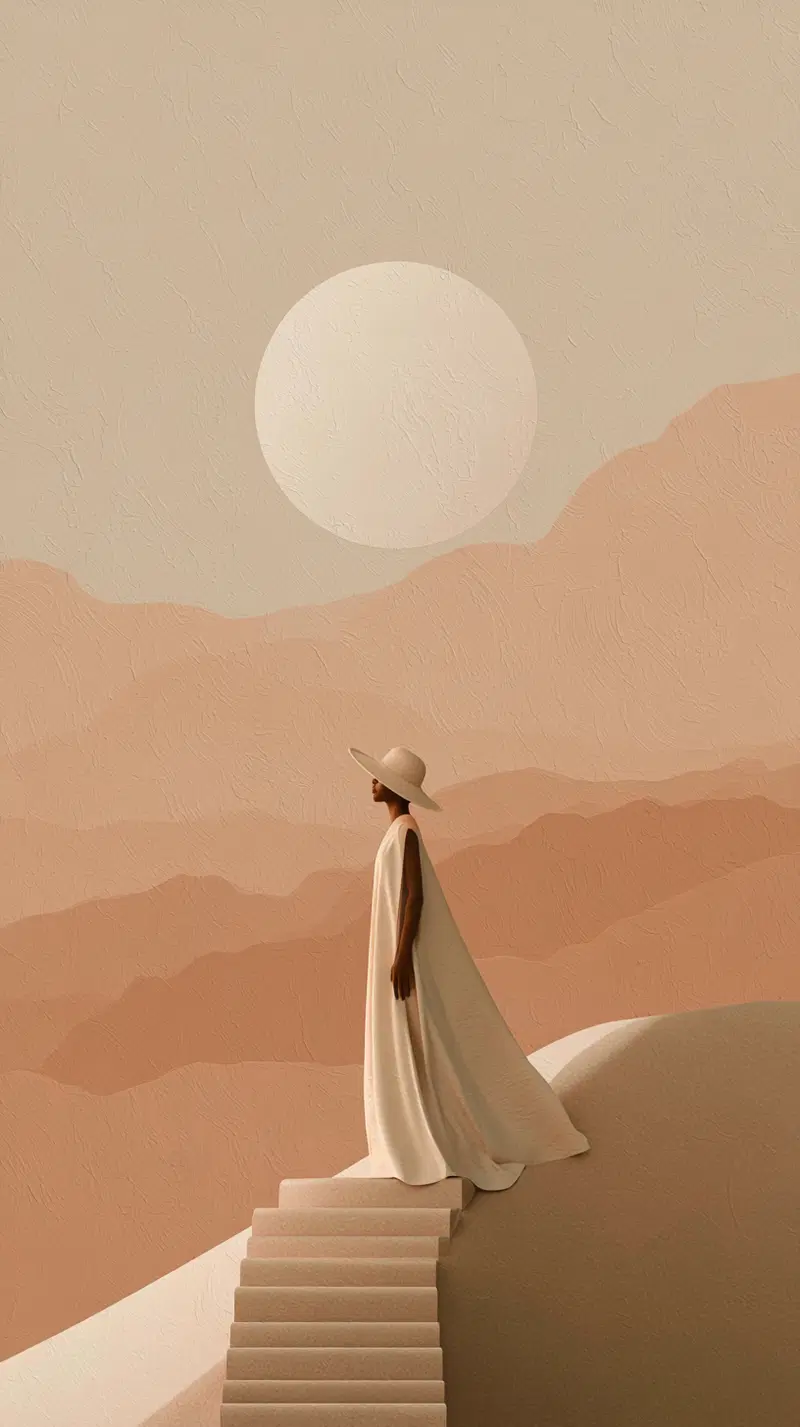 Minimalist artwork featuring a woman in earth tones with a textured sun and hills