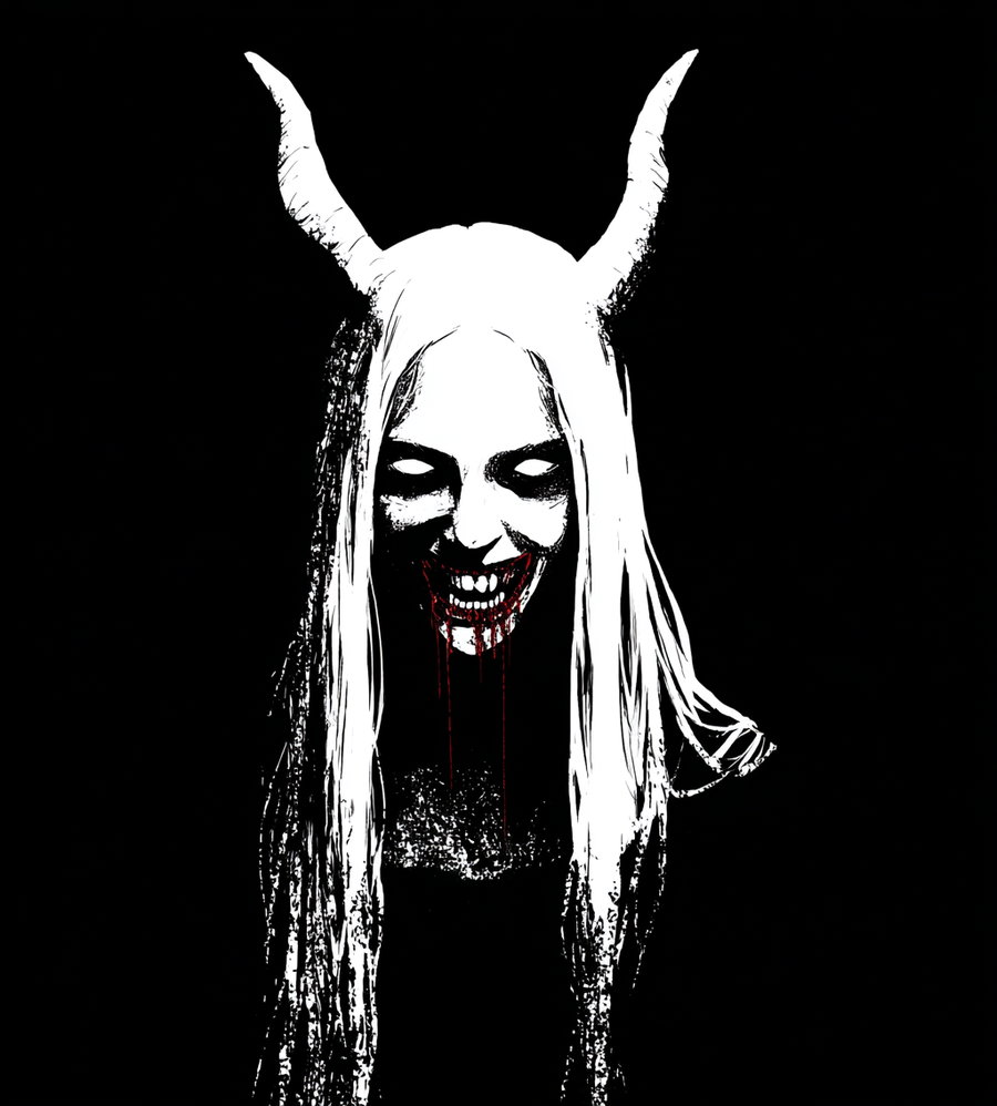 Black and white illustration of a woman with long hair and horns on her head, white eyes, an eerie smile, and red blood dripping from her mouth on a black background
