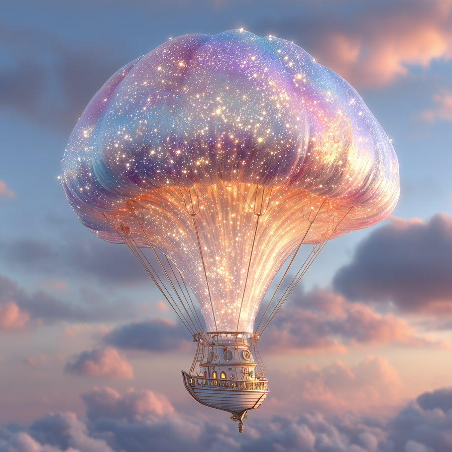 Hot air balloon with a glowing, sparkling balloon part and detailed basket floating among pink and blue clouds in the sky