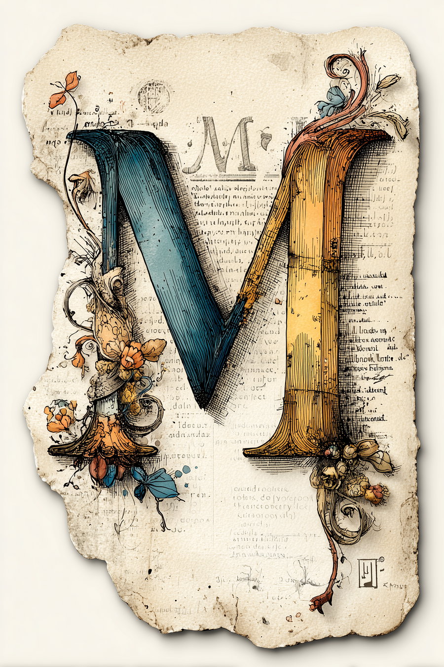 Illustration of a large letter M ornate with flowers and vines in blue and orange tones on old textured paper with faint text background
