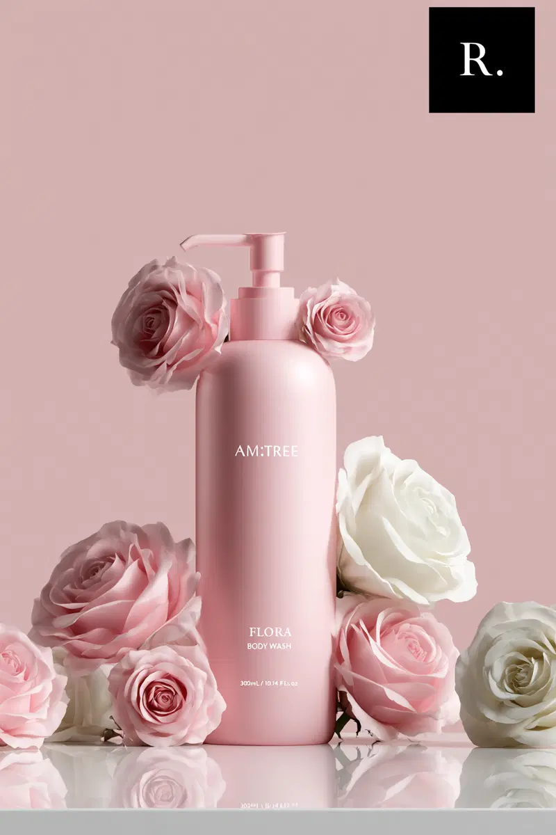 Elegant pink and white roses surrounding a pink body wash bottle against a soft pink background