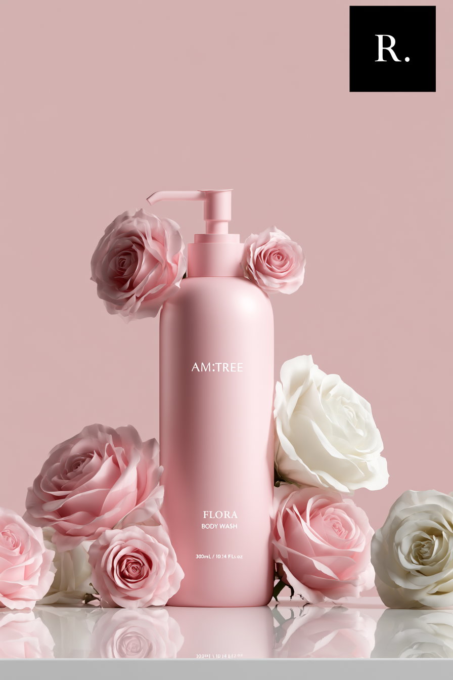 Pink bottle of AM:TREE Flora Body Wash surrounded by pink and white roses on a reflective surface with a plain pink background
