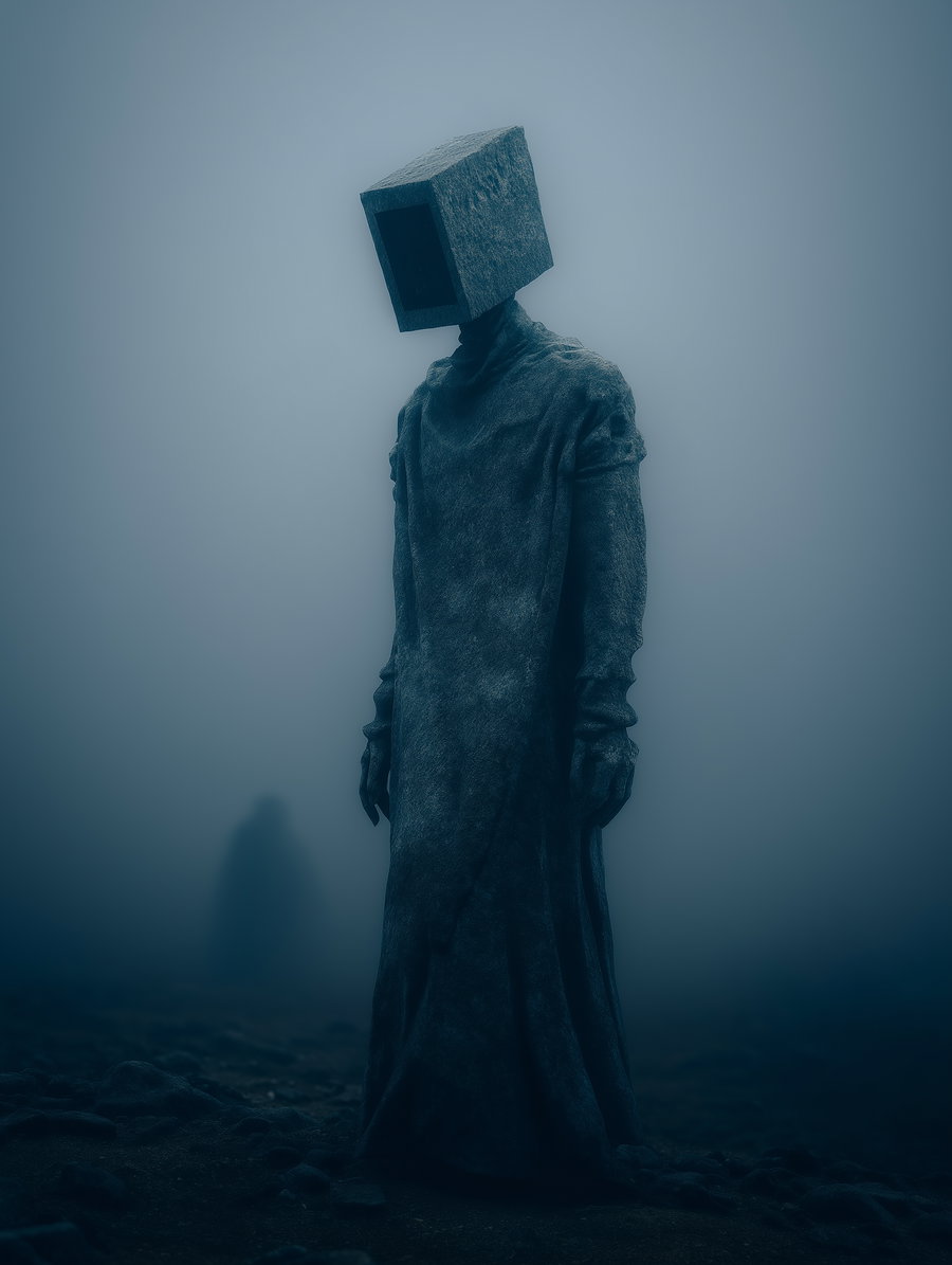 A tall figure wearing a textured long robe with a cube-shaped head in a foggy, dark environment, with an indistinct shadowy figure in the background