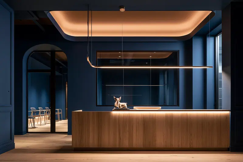 Modern office reception area with wood desk and contemporary lighting