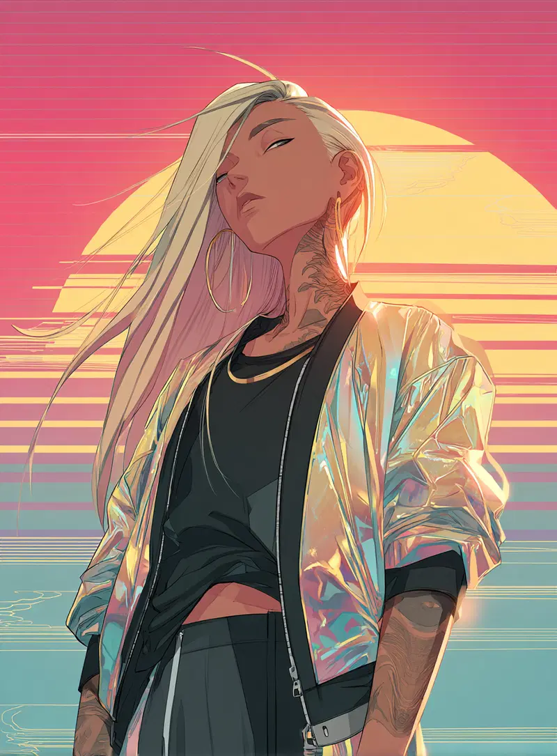 Digital Art of a confident woman with silver hair and metallic jacket against a vibrant sunset background