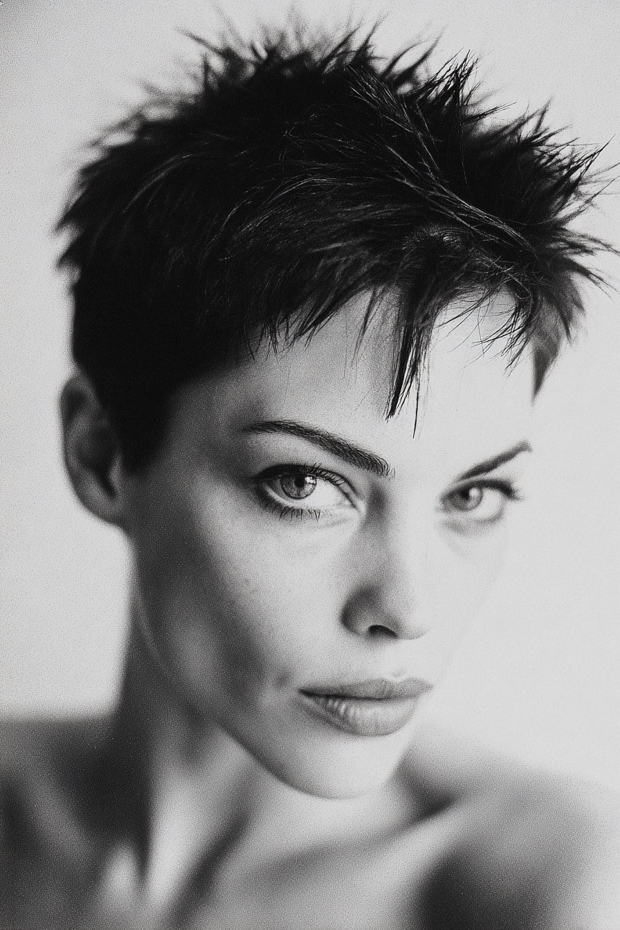 Black and white close-up portrait of a person with short, spiky hair and intense gaze, soft blurred background