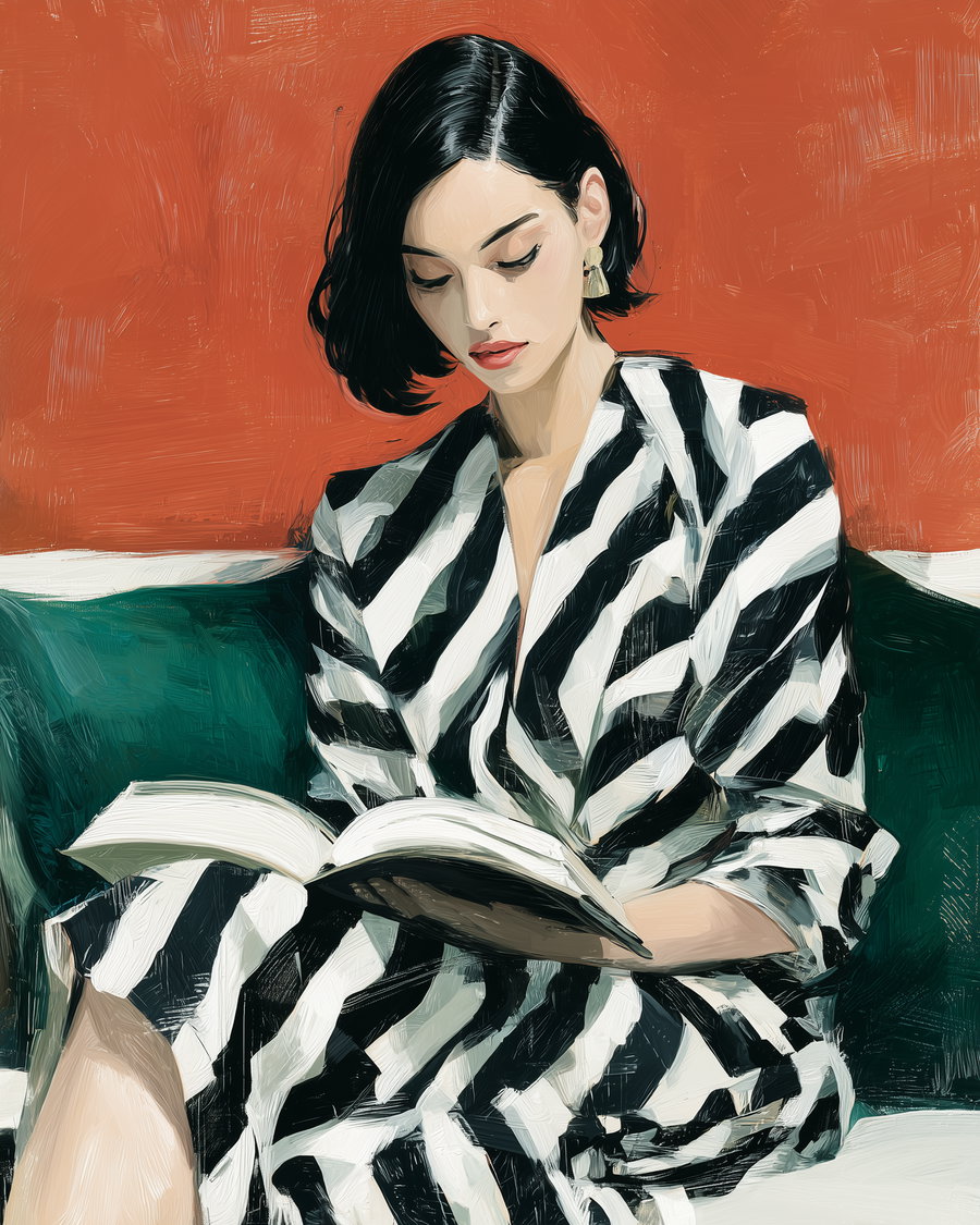 Painting styled image of a woman with black short hair wearing black and white striped dress sitting on a green couch reading a book, with an orange background