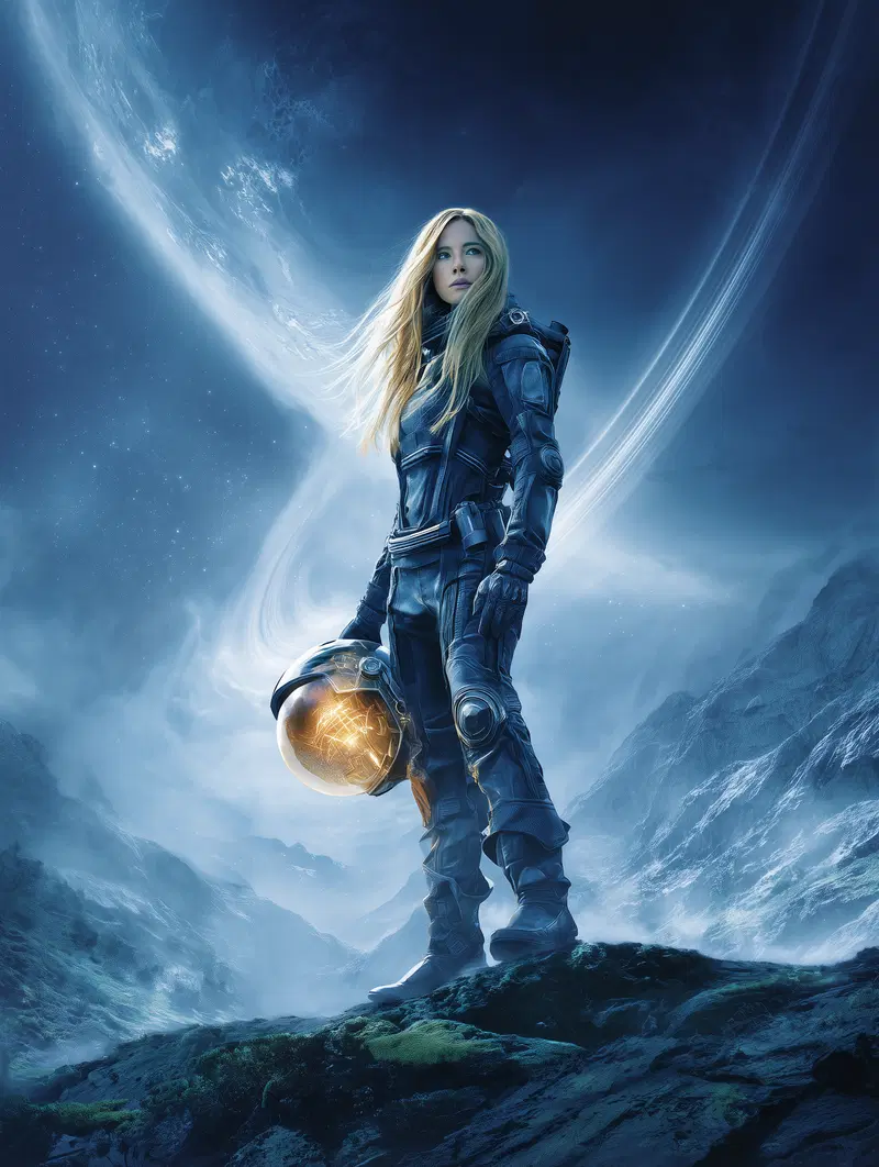 Futuristic astronaut woman standing on alien terrain with glowing helmet