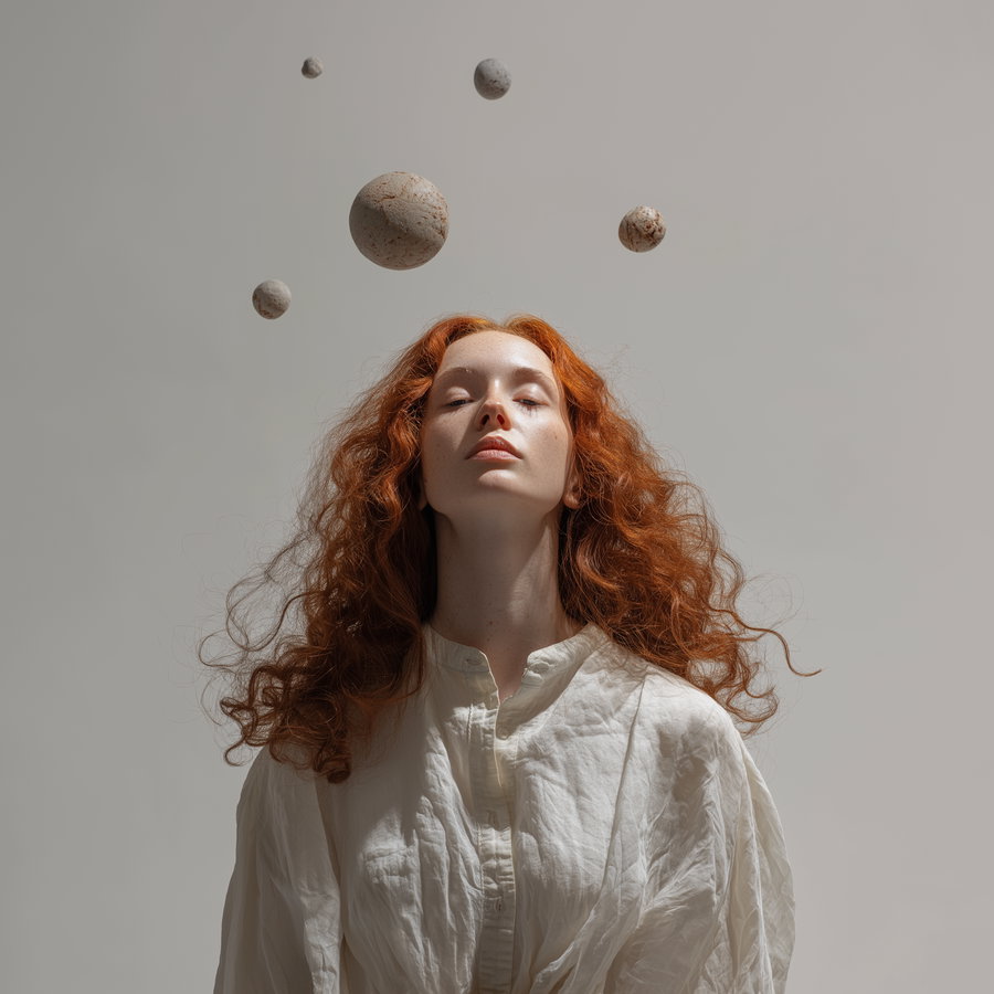 Portrait of a woman with curly red hair wearing a white shirt, with several textured spheres floating above and around her head against a neutral background