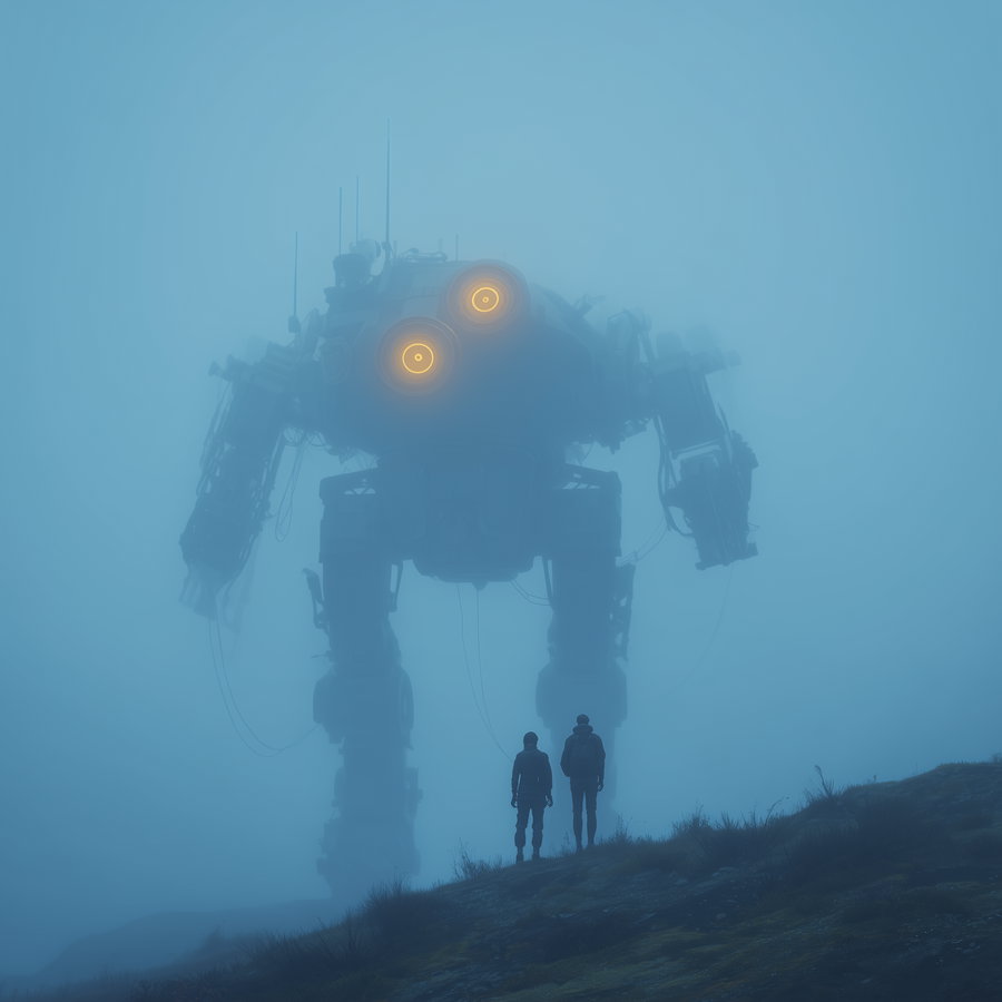 Two people standing on rocky terrain facing a large robot with glowing eyes obscured by blue fog