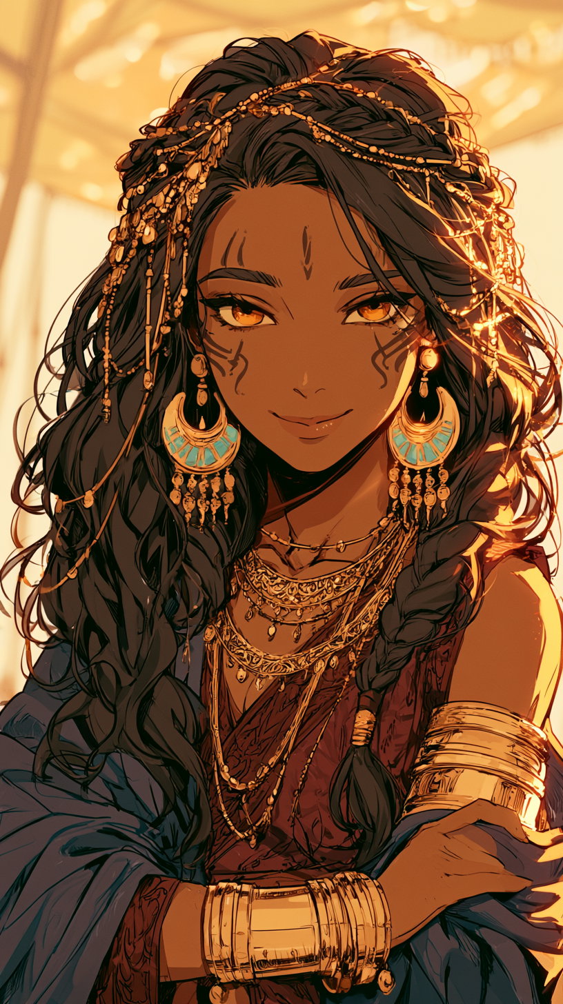 An illustration of a woman with dark braided hair decorated with gold chains, wearing large gold and turquoise earrings, multiple gold necklaces, and gold bracelets, set against a warm light background