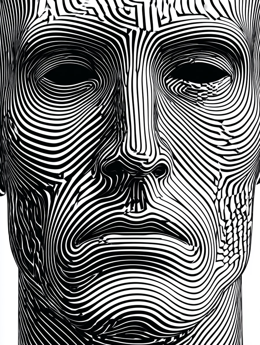 Close-up abstract artwork of a face created with black and white curved lines forming continuous contours
