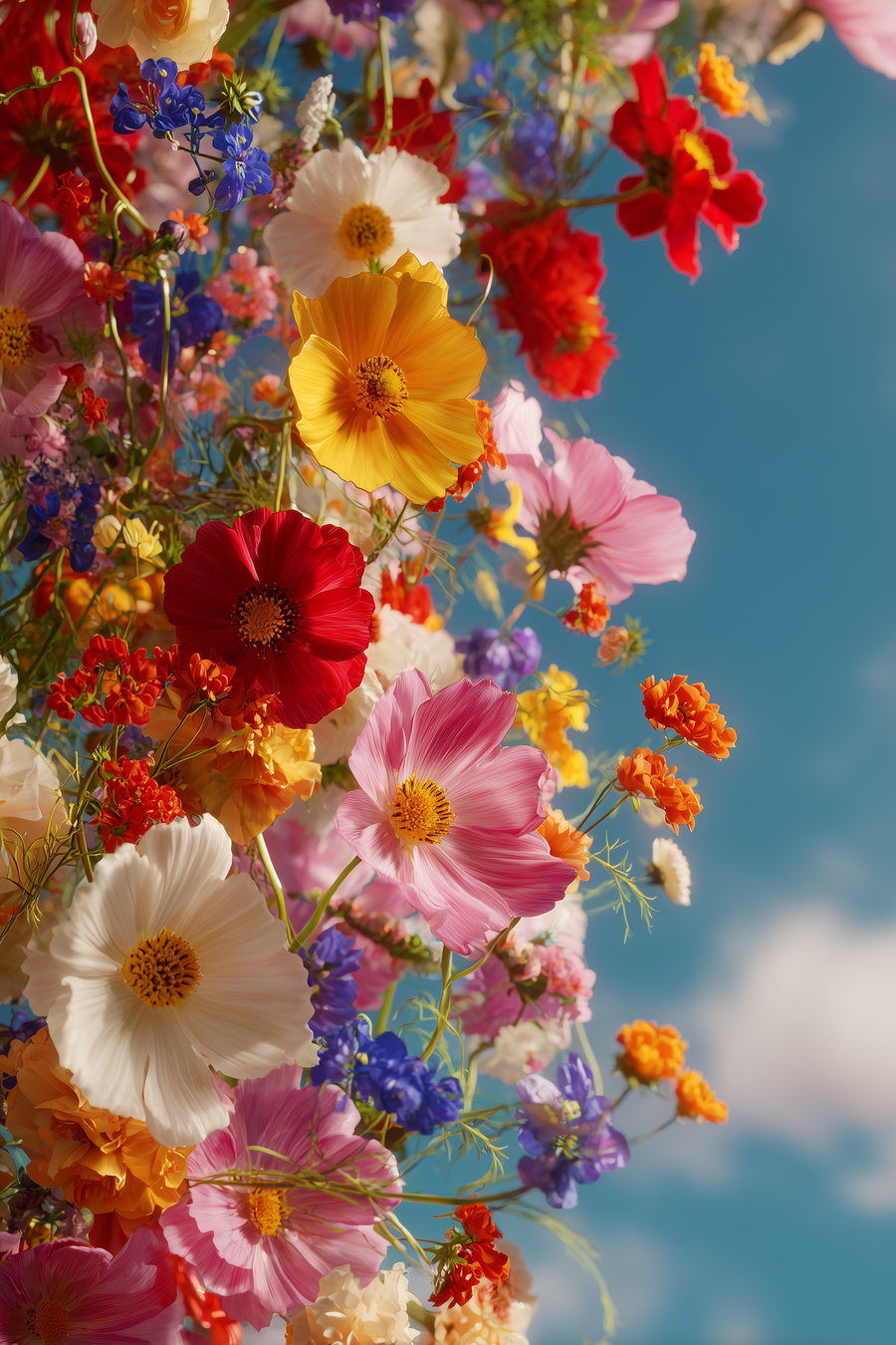 A vibrant arrangement of various colorful flowers including yellow, red, pink, white, and blue blossoms set against a clear blue sky with a few white clouds.