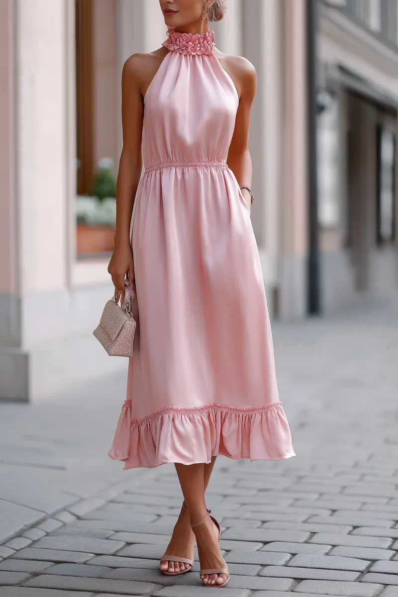Elegant pink satin halter midi dress styled with nude sandals