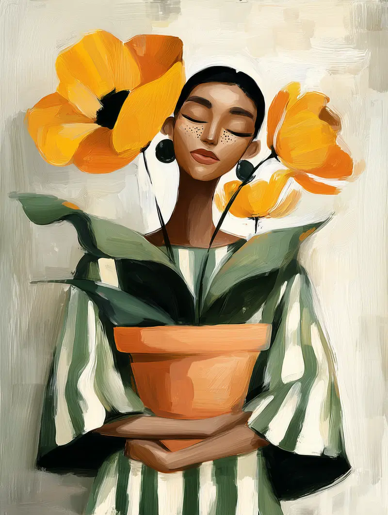 Illustration of a woman holding a pot with large vibrant yellow flowers