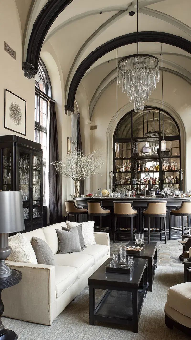Elegant classic European style living room with arched ceilings and bar