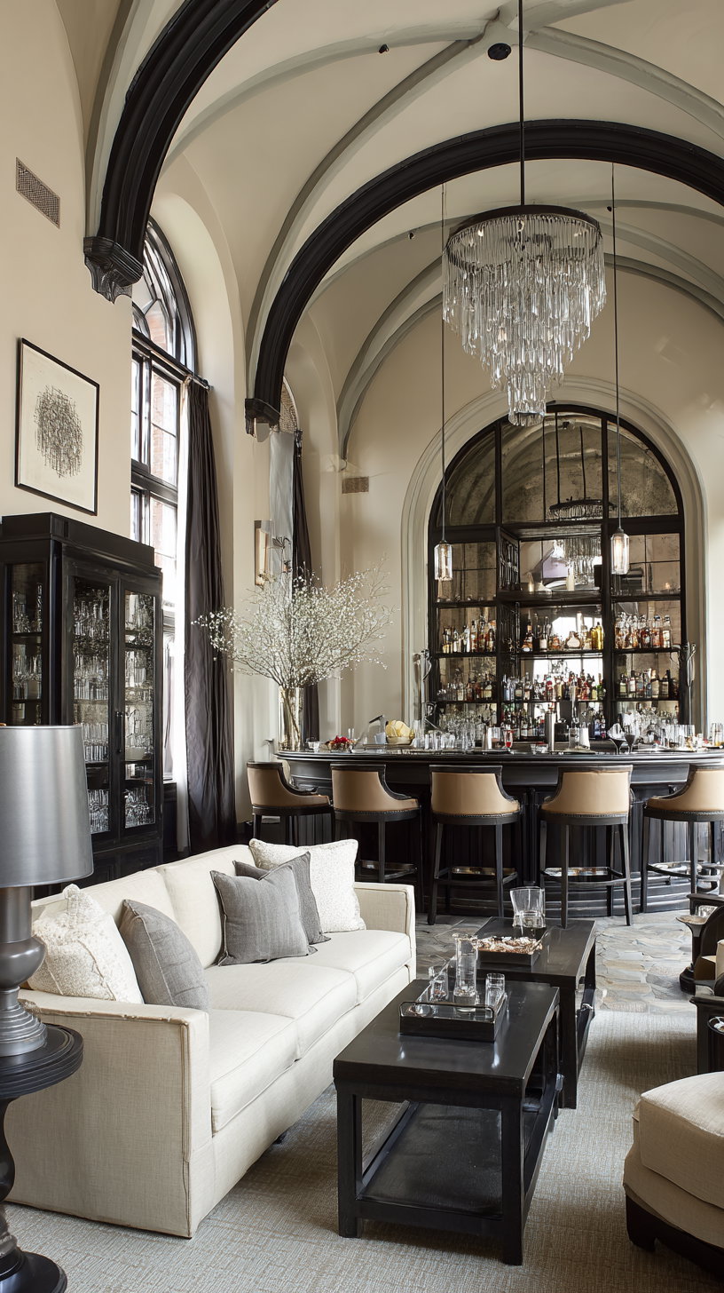 Upscale living space with cream sofa, dark wood furniture, arched windows, and a curved bar with bar stools under vaulted ceilings