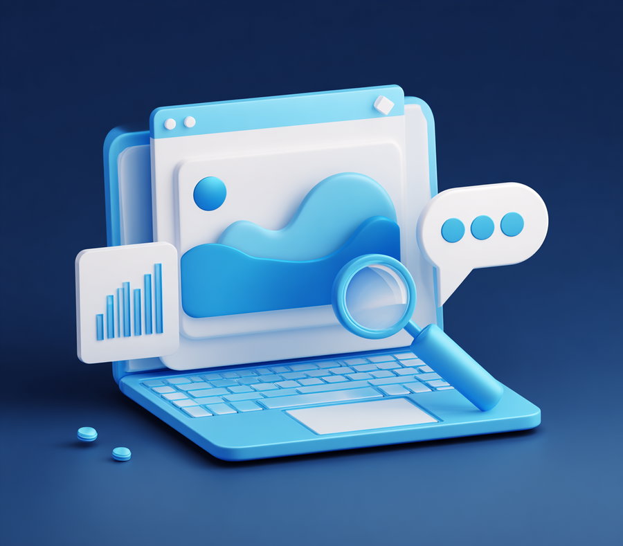 3D illustration of a blue laptop with screen displaying data charts, magnifying glass, and speech bubble icons on a dark blue background