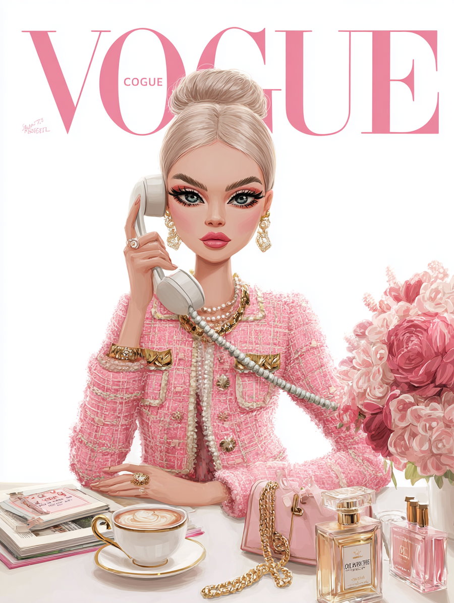 A digital illustration of a woman with blonde hair in a bun wearing a pink textured jacket and gold jewelry, holding a vintage corded telephone receiver to her ear, seated at a white table with a pink handbag, perfume bottles, a cup of coffee, a bouquet of pink flowers, and some books.