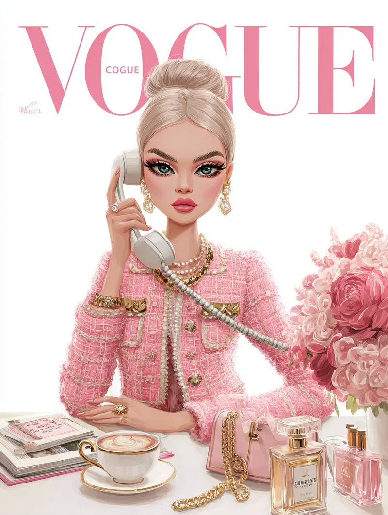 Stylish digital illustration of a fashionable woman on a vintage phone call