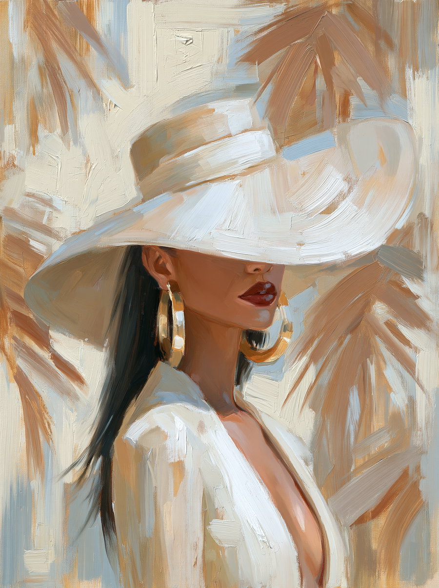 Painting of a woman with long dark hair, wearing a large white hat that covers her eyes, gold hoop earrings, deep red lipstick, and a white outfit against a beige and brown abstract background