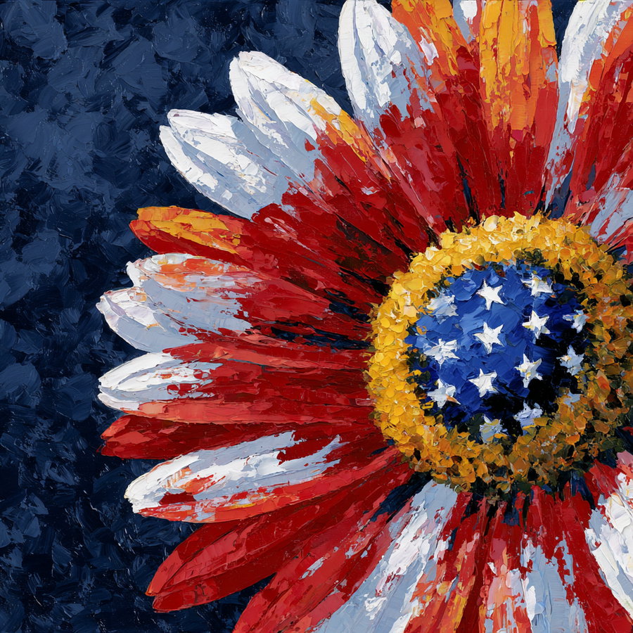 A textured oil painting showing a close-up of a single flower with red and white elongated petals and a yellow center with white star-like shapes on a blue background