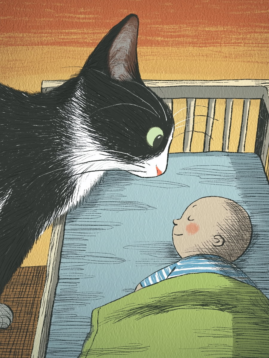 Black and white cat with green eyes looking at a baby sleeping in a wooden crib covered with a green blanket, background with orange and yellow hues