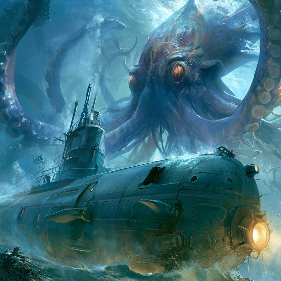 A detailed painting of a dark submarine in the ocean with a massive octopus looming behind it, water splashing around both