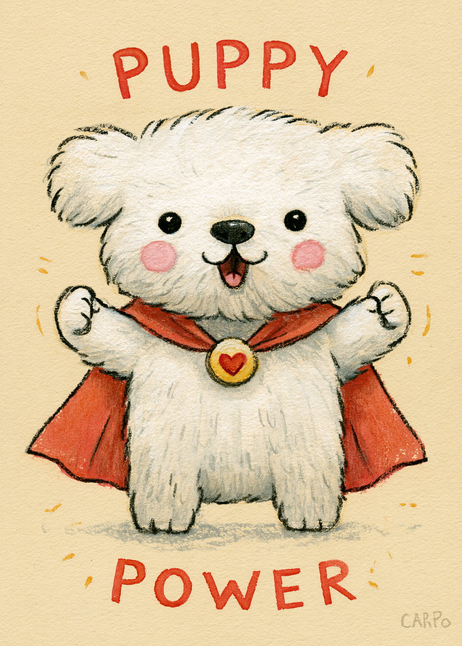 Cartoon drawing of a small white fluffy puppy wearing a red superhero cape and medallion, with rosy cheeks and smiling expression, captioned with the words puppy power