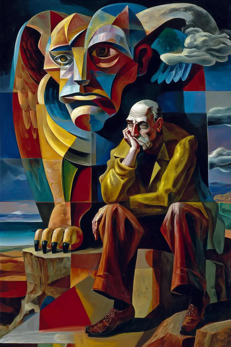 Surrealist fine art print showing a contemplative older man with a colorful abstract lion figure