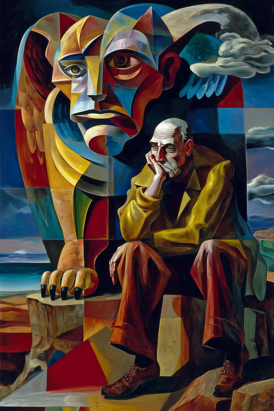 A painting depicting an older man sitting pensively with his head resting on his hand, next to a large abstract lion composed of geometric shapes and vibrant colors, set against a dark and moody background with clouds and a landscape.