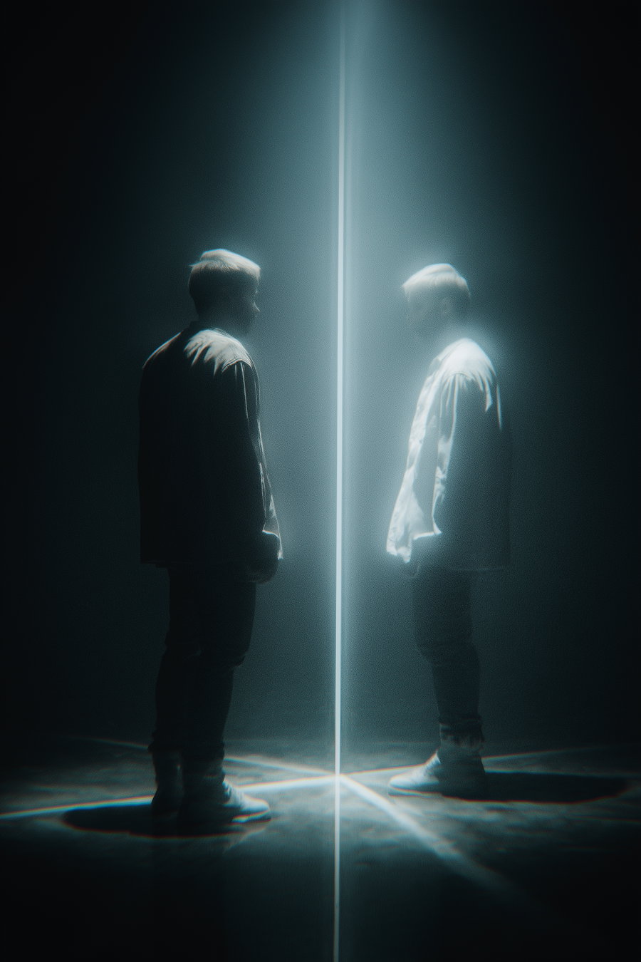 A person standing in a dark room facing their glowing reflection separated by a vertical line of light with soft haze and shadows around.