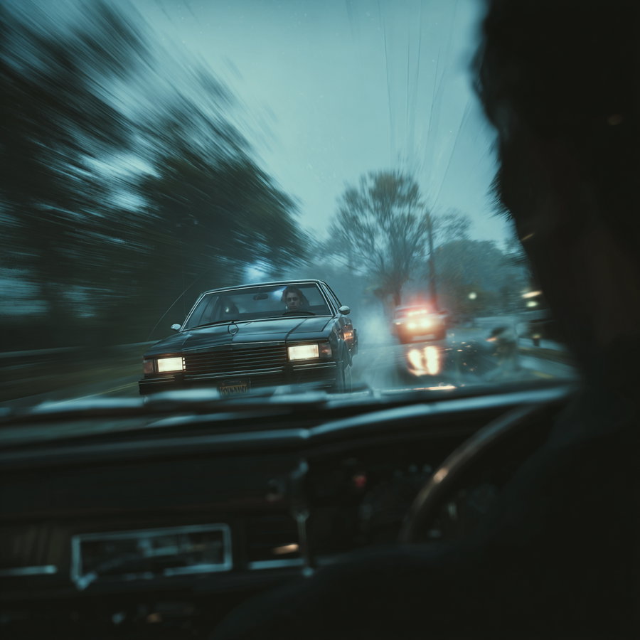 View from inside a car showing a black vintage car approaching with headlights on and a police car with flashing lights behind it on a rainy, tree-lined road