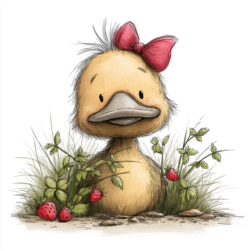 Cute Baby Duckling Illustration with Strawberries and Bow