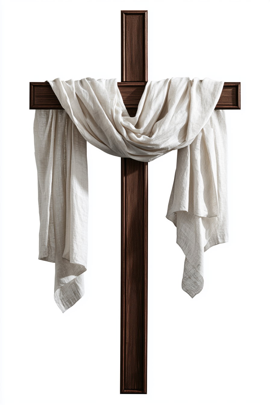 A dark brown wooden cross draped with a white cloth fabric, isolated on a white background.