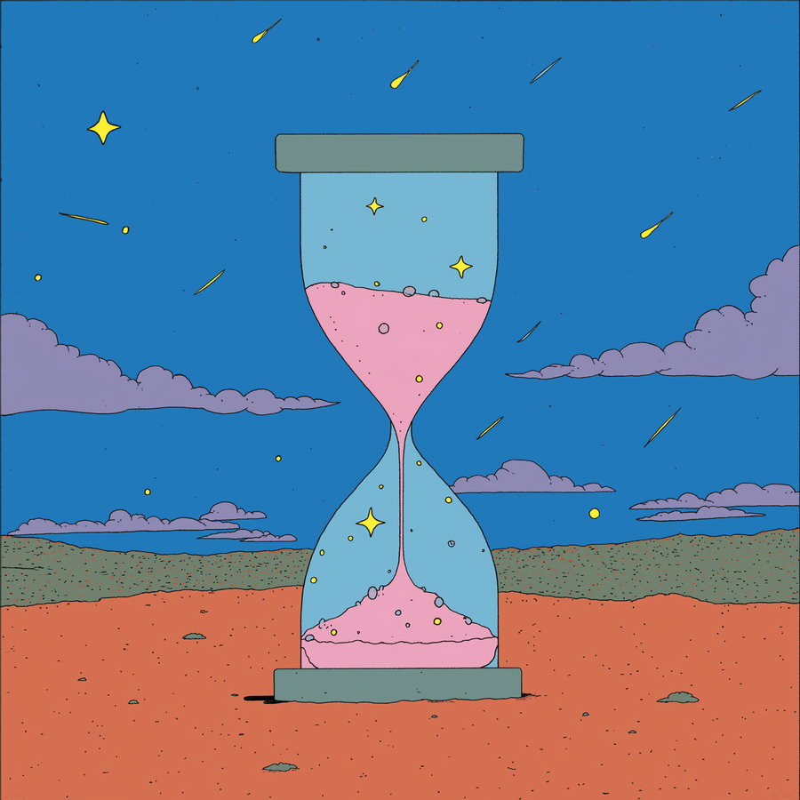 Artistic drawing of an hourglass with pink sand flowing through it, set against a blue sky with stars and clouds, above a reddish desert ground