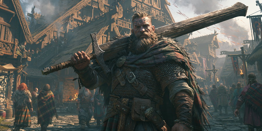 Bearded warrior dressed in chainmail and plaid cloak holding an engraved large sword over his shoulder in a medieval village with wooden buildings and people in period clothing