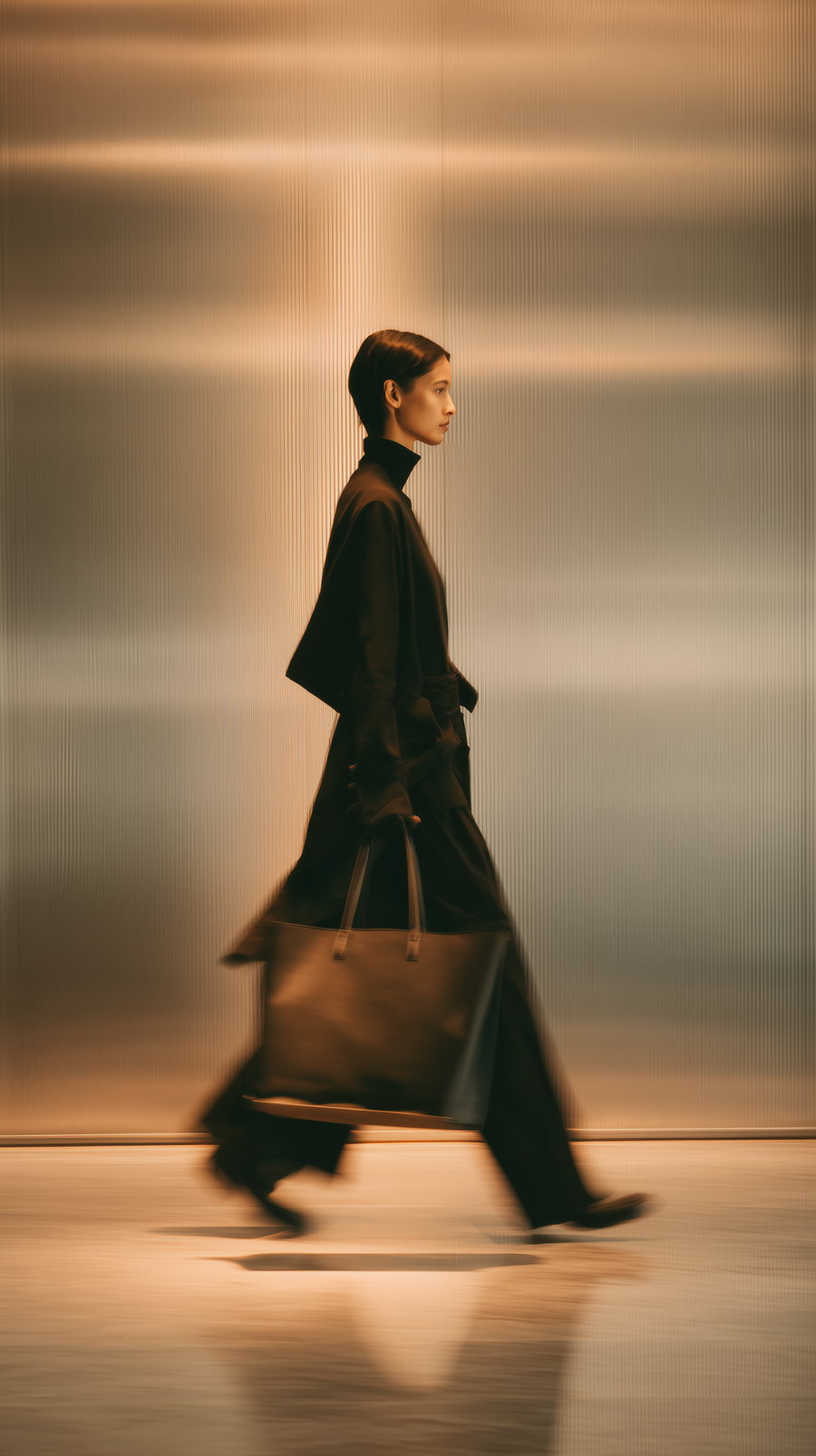 Woman dressed in black walking in profile with a large black handbag against a softly lit textured wall