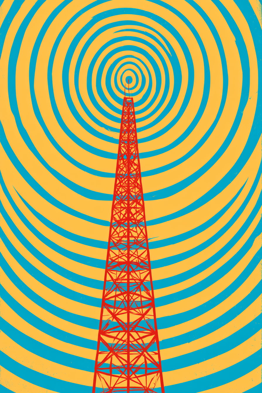 A red radio tower in the center with concentric blue circular waves on a yellow background.