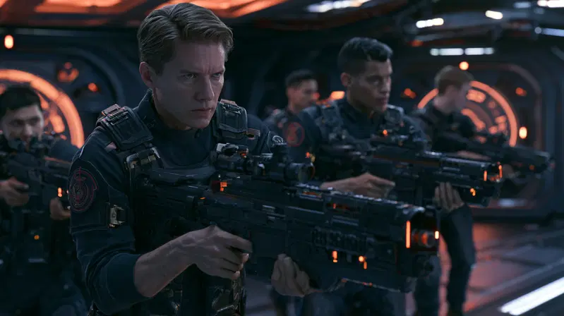 Tense futuristic soldiers aiming weapons in a dark high-tech corridor