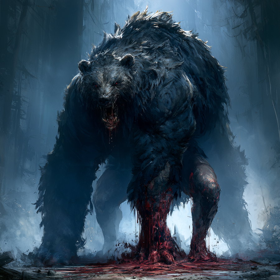 A large, fierce bear standing upright in a misty forest, with blood on its claws and dripping from its mouth, surrounded by foggy, dark blue tones.